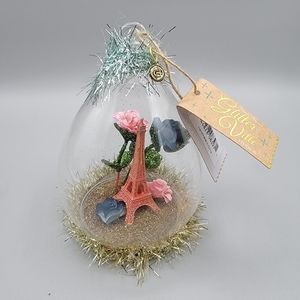 Eiffel Tower pink and blue Roses Glass Teardrop Shape Ornament